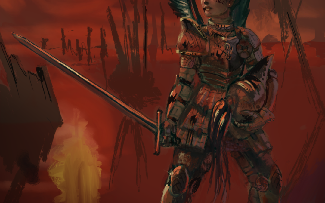 A female knight stands in a lake of blood in a fighting stance holding an estoc in her left hand and her helmet in the left hand, she has fake wings in her back and she sports a short bowl haircut.