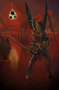 A female knight stands in a lake of blood in a fighting stance holding an estoc in her left hand and her helmet in the left hand, she has fake wings in her back and she sports a short bowl haircut.