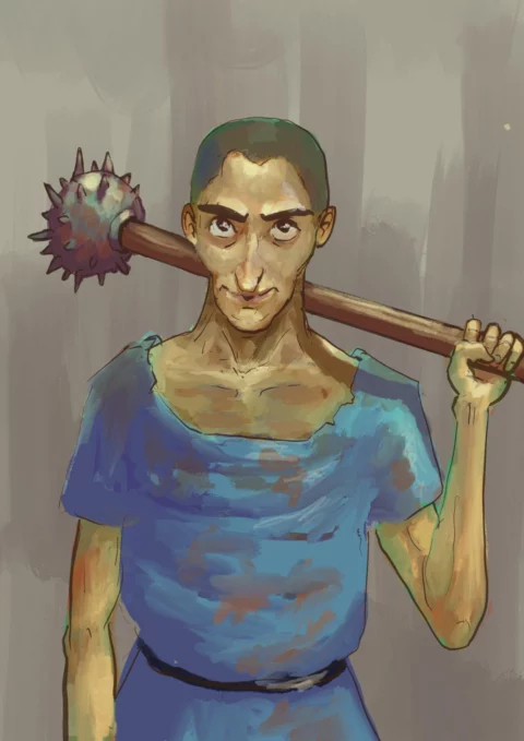 a colour painting of a short-haired man in a worn blue tunic carrying a spiked mace across his shoulders, against a muted grey background
