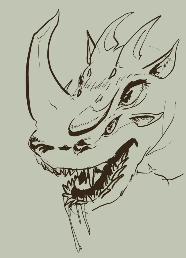 monochrome close-up of a horned creature with multiple eyes, an open mouth full of sharp teeth and a long tongue, on a pale green-grey background
