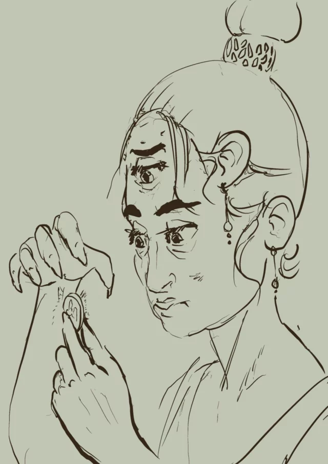 monochrome fantasy portrait with overlapping faces, tied-up hair and dangling earrings; hands hold a small round object