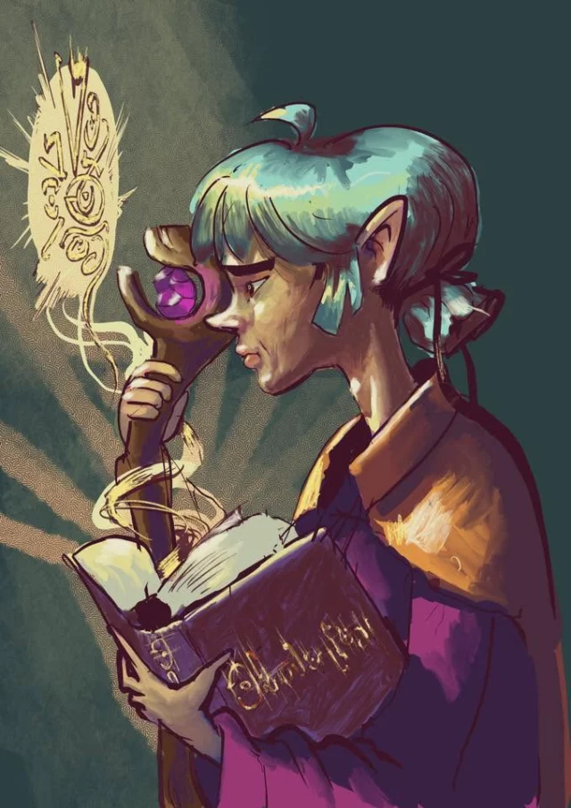 colour fantasy illustration of a pointed-eared, teal-haired figure holding an open book and a wooden staff with a purple orb, with glowing symbols and curling light above the book