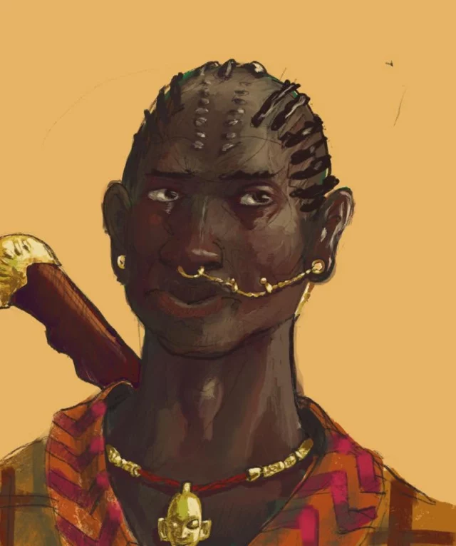 a colour portrait of a dark-skinned character with braided hair, gold facial jewellery and a chain linking the nose ring to an earring, wearing a patterned red-orange garment and a gold face pendant, with a weapon hilt behind one shoulder against an ochre background