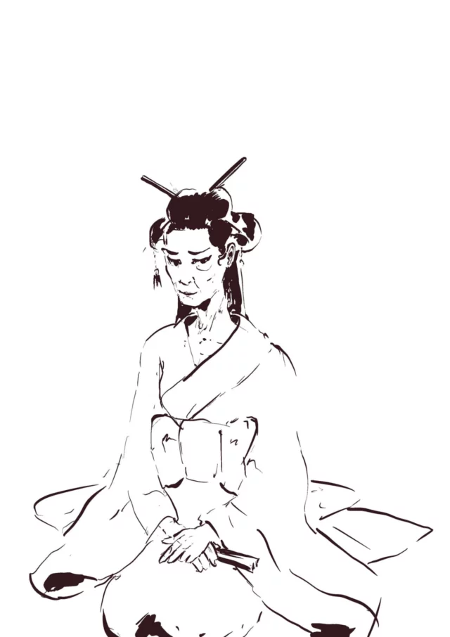 a monochrome ink drawing of a seated woman in a kimono, with an elaborate hairstyle held by long hairpins, hands resting in her lap holding a closed fan