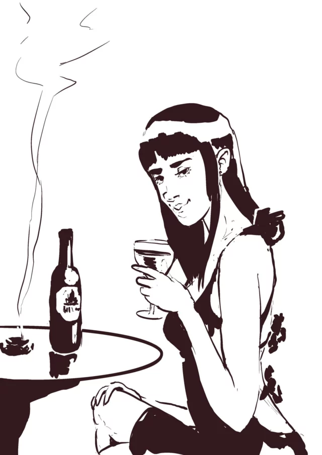 Monochrome ink drawing of a seated woman with straight dark hair holding a wine glass beside a small round table with a bottle and an ashtray