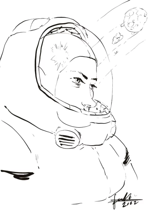 Black line drawing of a woman in a space helmet looking aside with a light flare reflected in the visor, asteroids drifting past in the corner, signed 2022