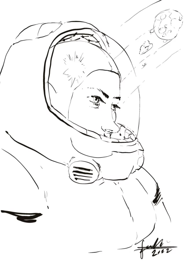 Black line drawing of a woman in a space helmet looking aside with a light flare reflected in the visor, asteroids drifting past in the corner, signed 2022