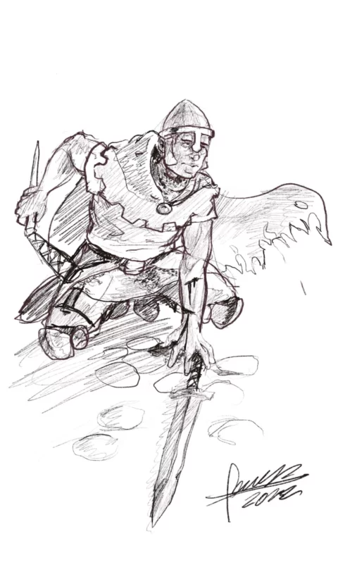 Pencil and ink sketch of a kneeling knight in a conical helmet and cloak, one hand planted on a long sword driven into the ground, signed 2022