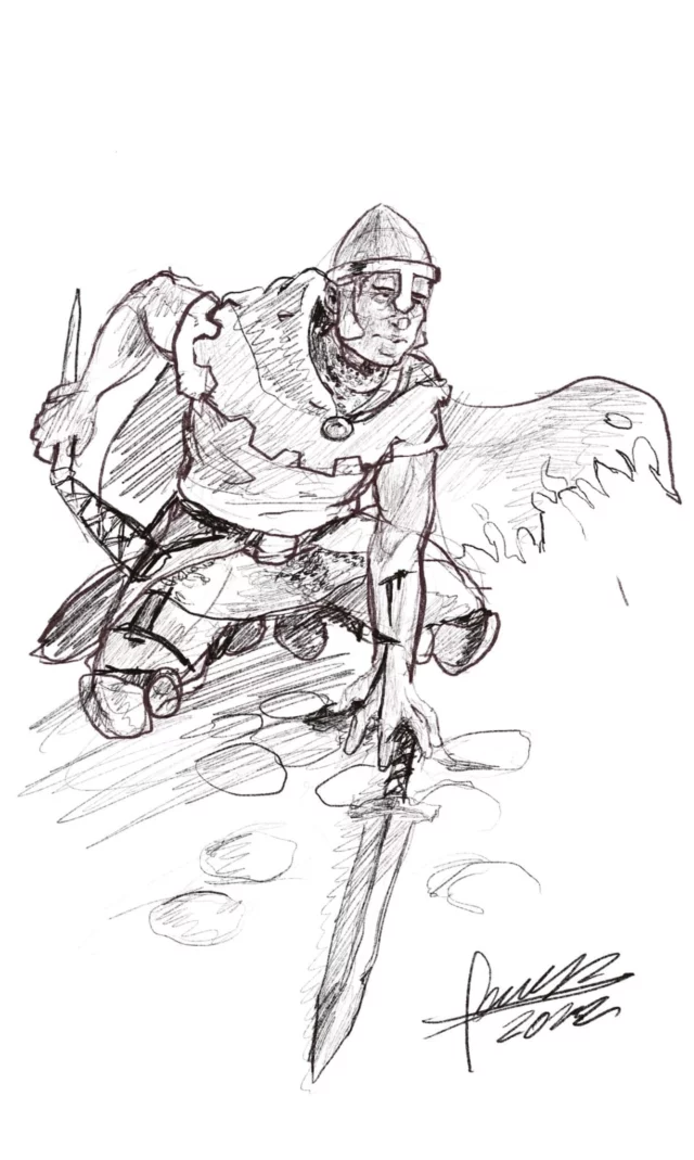 Pencil and ink sketch of a kneeling knight in a conical helmet and cloak, one hand planted on a long sword driven into the ground, signed 2022