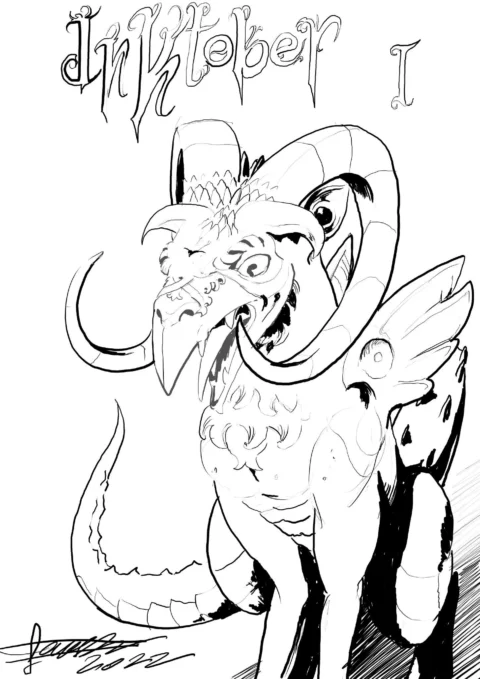 Black ink drawing of a horned, beaked creature with large curling horns, a long tail and a startled grin, under hand lettering reading Inktober I, signed 2022