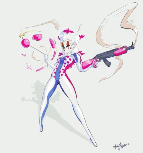 Digital illustration of a warrior clown with white curls, clown makeup and a polka-dot leotard, holding a lit round bomb in one hand and a pink assault rifle in the other, signed 22