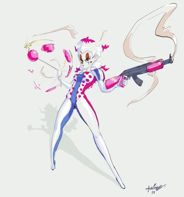 Digital illustration of a warrior clown with white curls, clown makeup and a polka-dot leotard, holding a lit round bomb in one hand and a pink assault rifle in the other, signed 22