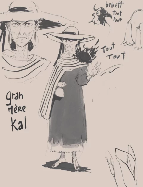 Character sheet of an old woman in a wide-brimmed hat and a long striped scarf, with a close-up of her stern face, and a small bird on her shoulder; hand lettering reads Grand-mère Kal, Tout tout and bebett tout tout