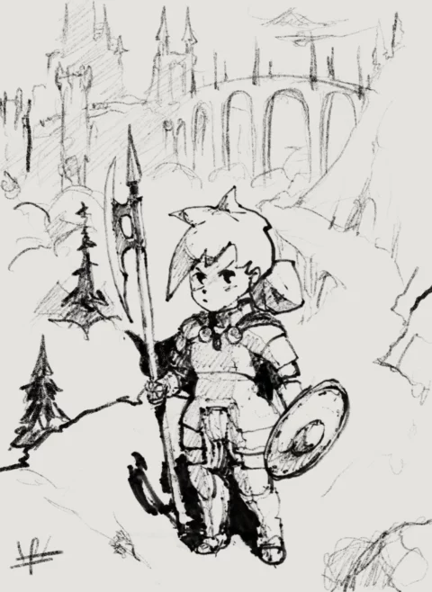 Ink and pencil sketch of a young armoured warrior with a halberd and a round shield standing in a snowy pine landscape, with a castle and an arched viaduct behind