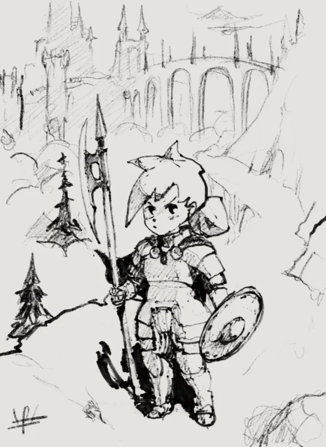 Ink and pencil sketch of a young armoured warrior with a halberd and a round shield standing in a snowy pine landscape, with a castle and an arched viaduct behind
