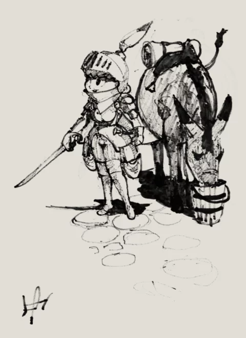 Ink sketch of a young knight in a plumed helmet holding a sword while her pack donkey drinks from a bucket on a cobbled path