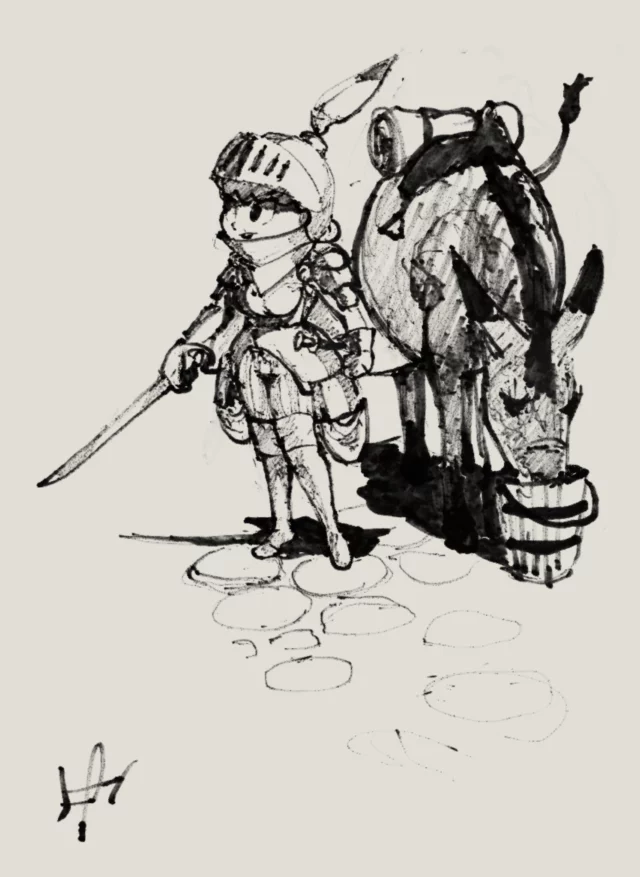 Ink sketch of a young knight in a plumed helmet holding a sword while her pack donkey drinks from a bucket on a cobbled path