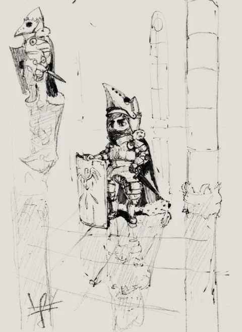 Ink and pencil sketch of a small armoured knight with a tall pointed hat, a cape and a tower shield standing on a pillar among stone columns, and the same knight with his beaked helm closed on a pillar to the left