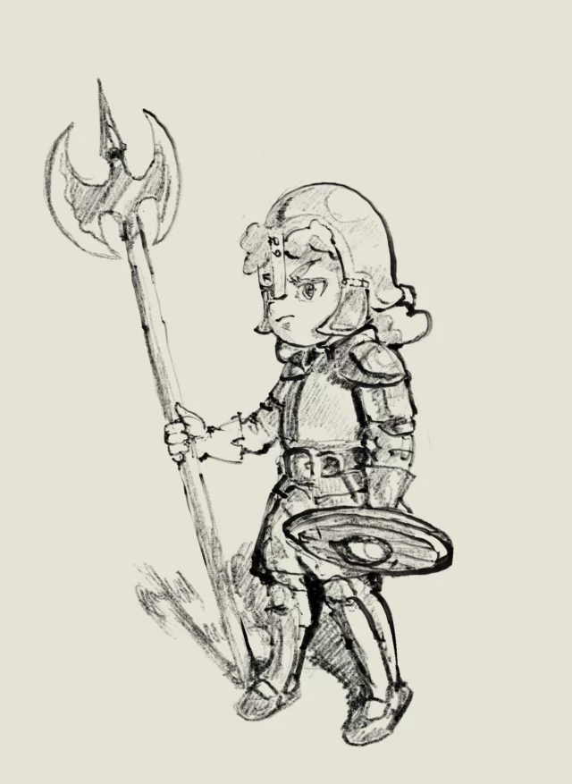 Charcoal-style sketch of a small armoured warrior in a visored helmet with a halberd and a round shield, walking through grass