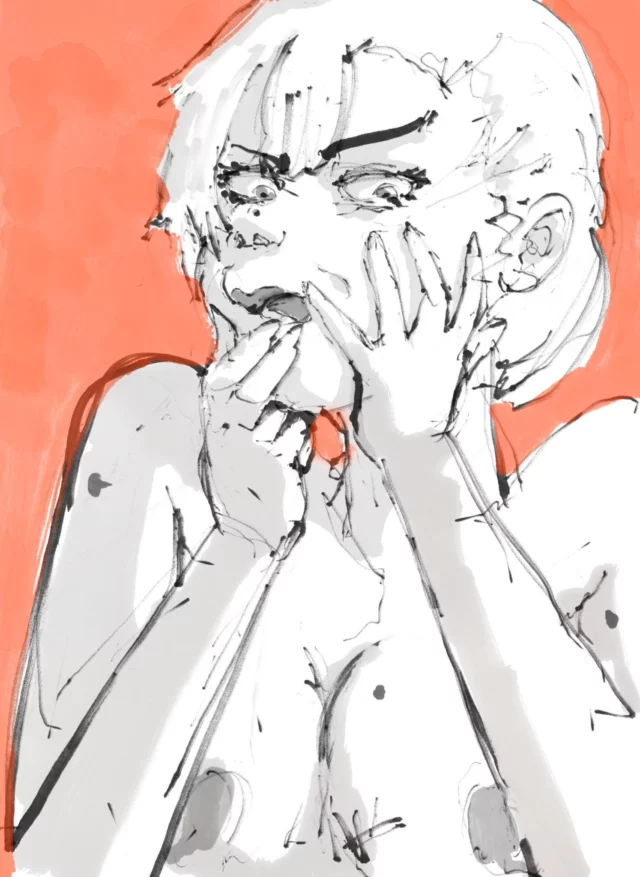Ink and wash figure study of a nude woman with a startled expression, both hands pressed over her mouth, on a coral red background