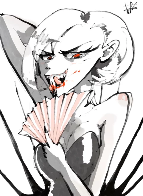 Ink and wash illustration of a fanged woman with red eyes and blood on her lips, licking her lip behind a pink folding fan, signed in the top right