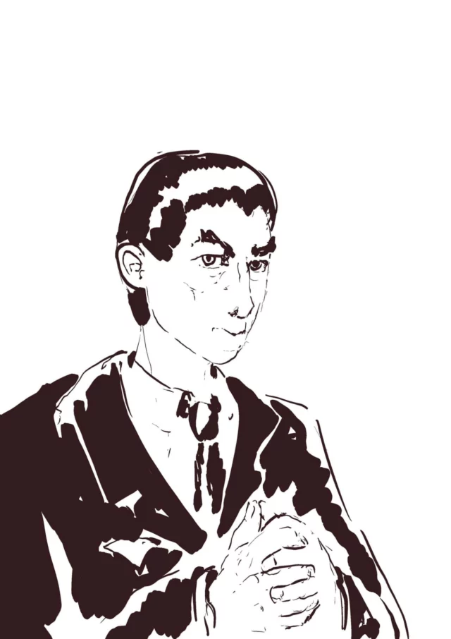a monochrome portrait of a short-haired man in a jacket and tie, hands clasped