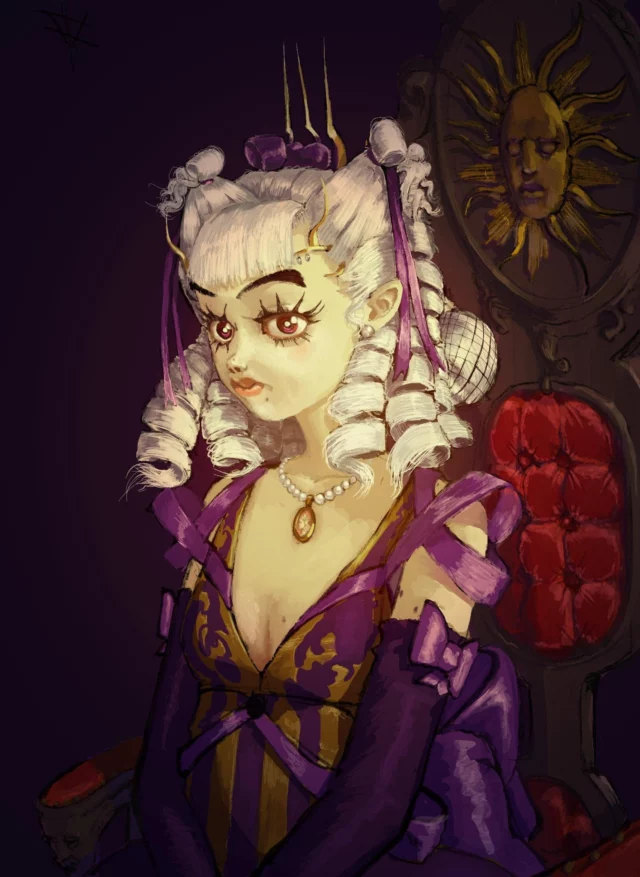 Painted portrait of a girl with white ringlets, purple ribbons and a pearl necklace in a purple and gold dress, seated on a tufted red throne with a gilded sun mask behind her