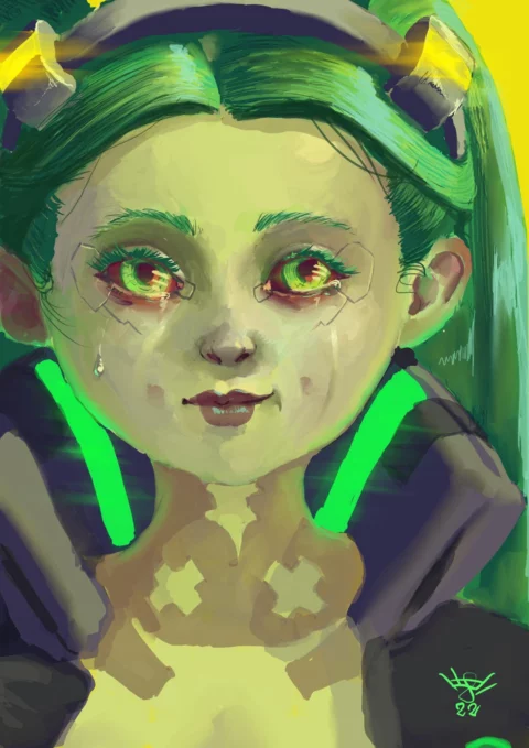 Painted portrait of Rebecca from Cyberpunk: Edgerunners, a girl with green twin tails, glowing green eyes and neon green collar lights, on a yellow background, signed 22