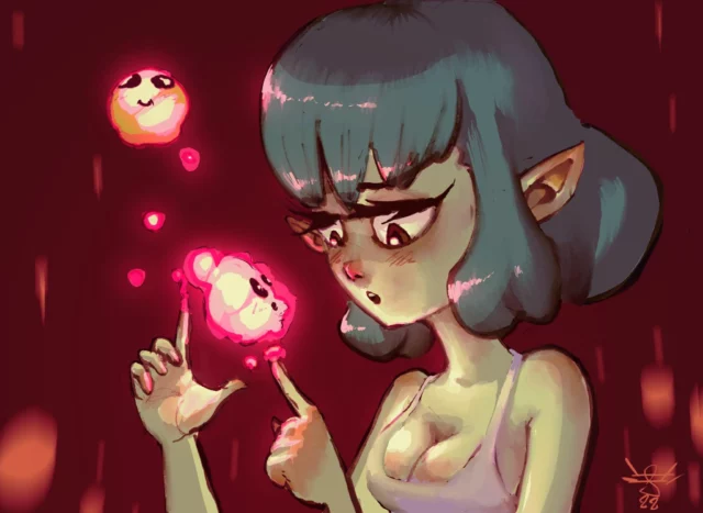 Painted illustration of a pointy-eared girl with teal bobbed hair on a dark red background, looking down at small glowing pink spirits floating above her fingertips, signed 22