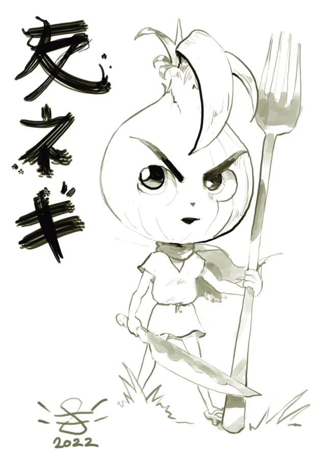 Illustration of a small onion-headed warrior with a fierce expression holding a giant fork and a short sword, with the name Tomonegi brush-lettered in katakana beside it, signed 2022