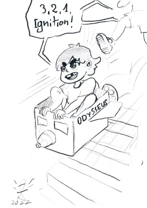 Pencil and ink sketch of a gap-toothed boy riding a cardboard box rocket labelled ODYSSEUS down a staircase, shouting "3, 2, 1, Ignition!", signed 2022