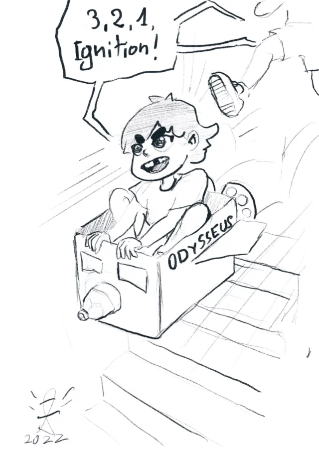 Pencil and ink sketch of a gap-toothed boy riding a cardboard box rocket labelled ODYSSEUS down a staircase, shouting "3, 2, 1, Ignition!", signed 2022