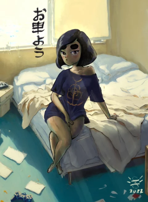 Painted illustration of a dark-haired girl in an oversized navy t-shirt sitting on an unmade bed in a sunny messy bedroom with a game controller on the floor, with the Japanese greeting ohayo written beside her, signed 2022