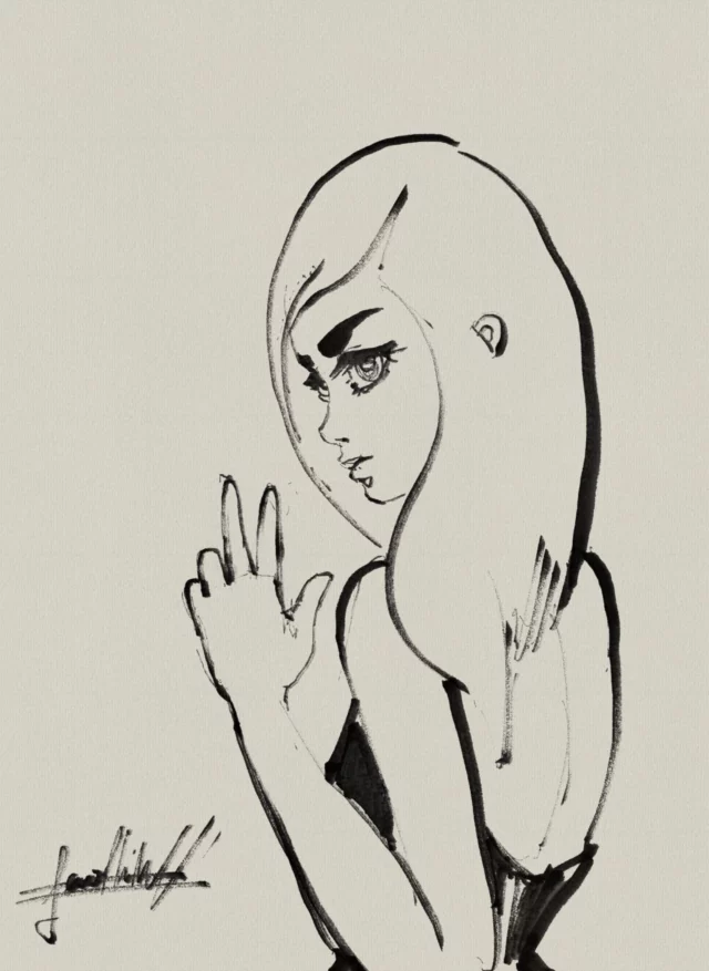 Ink sketch of a long-haired girl in profile glancing aside with her hand raised in a peace sign, signed at the lower left