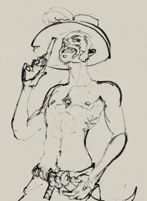 Ink figure study of a bare-chested man in a wide-brimmed feathered hat, raising a revolver beside his face