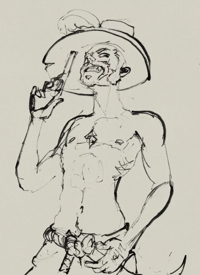 Ink figure study of a bare-chested man in a wide-brimmed feathered hat, raising a revolver beside his face
