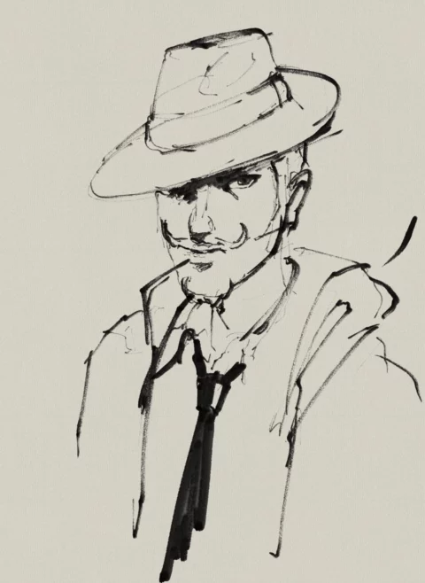 Ink portrait of a man in a fedora, black tie and coat with a waxed moustache and a sly half-smile