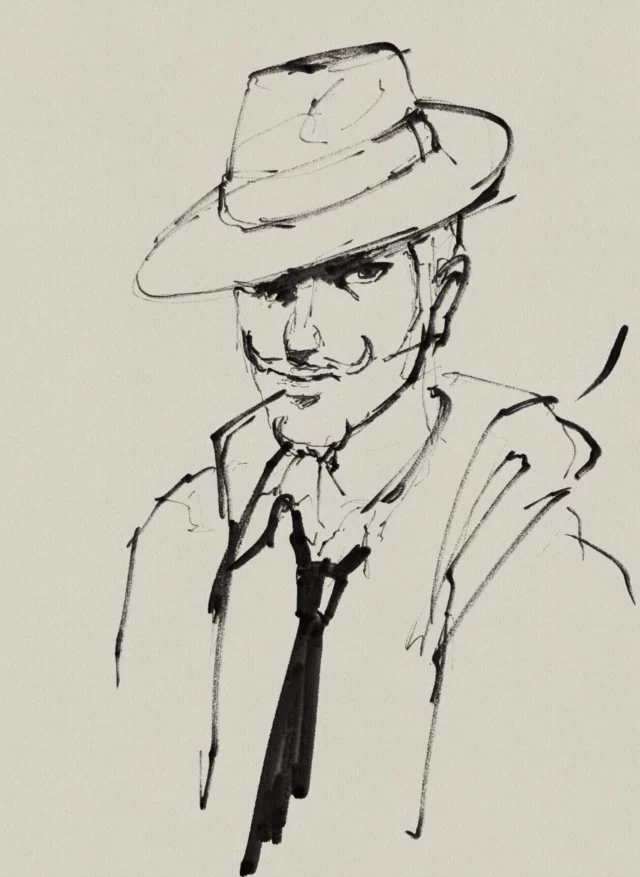 Ink portrait of a man in a fedora, black tie and coat with a waxed moustache and a sly half-smile