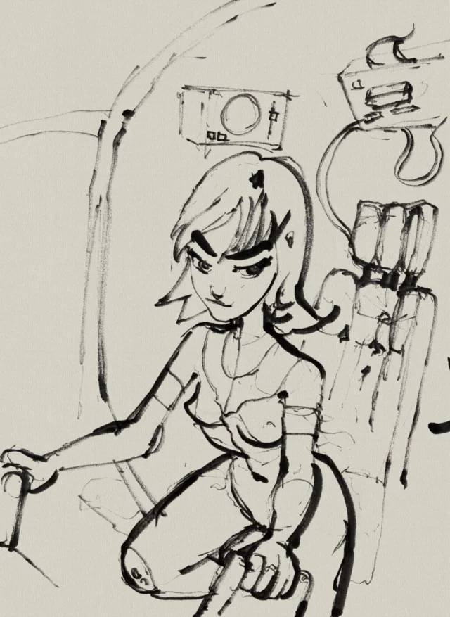 Loose ink sketch of a short-haired young woman with a stern look sitting in a cockpit-style seat with control panels and cables behind her