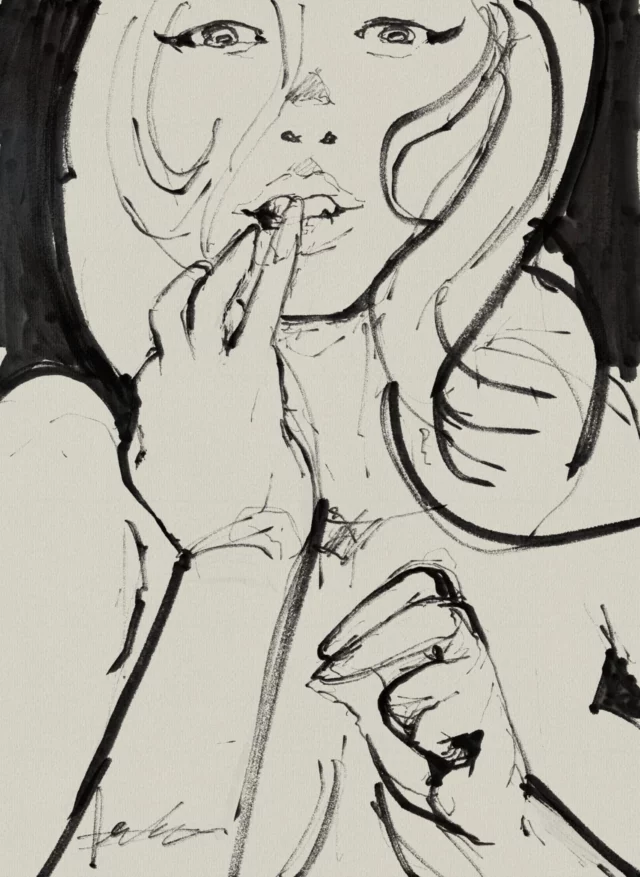 Ink portrait of a dark-haired woman looking straight out with her fingers held to her lips