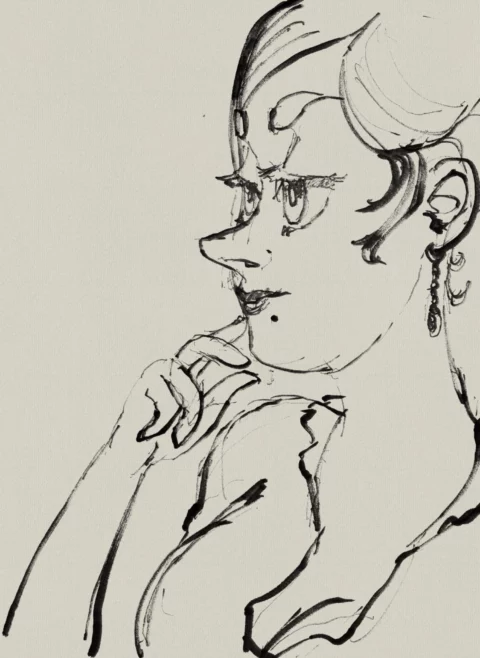 Ink portrait of a woman in profile with a drop earring and a beauty mark, her hand raised to her chin