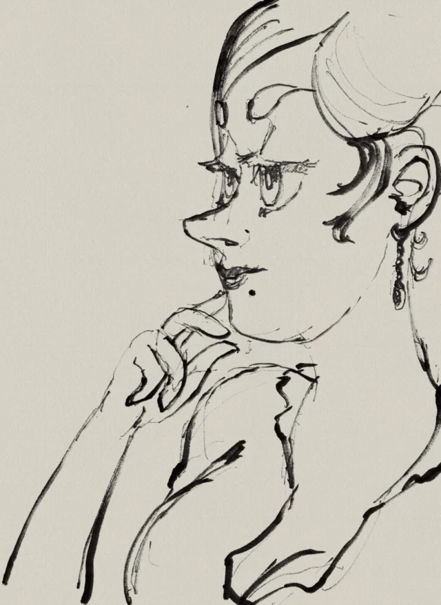 Ink portrait of a woman in profile with a drop earring and a beauty mark, her hand raised to her chin
