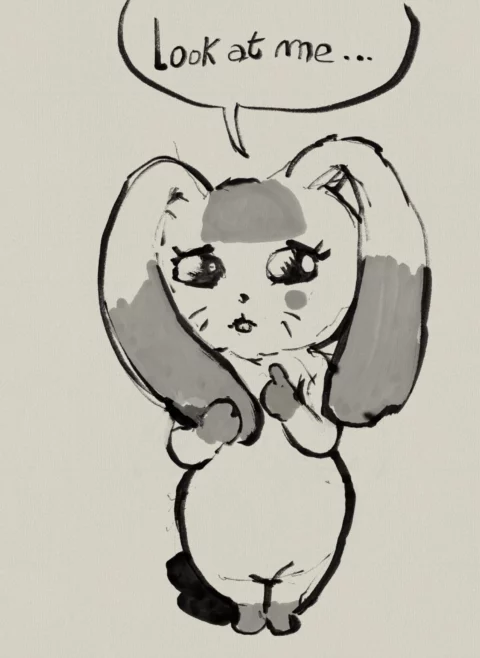 Ink and wash sketch of a long-eared rabbit character with a speech bubble saying "Look at me..."