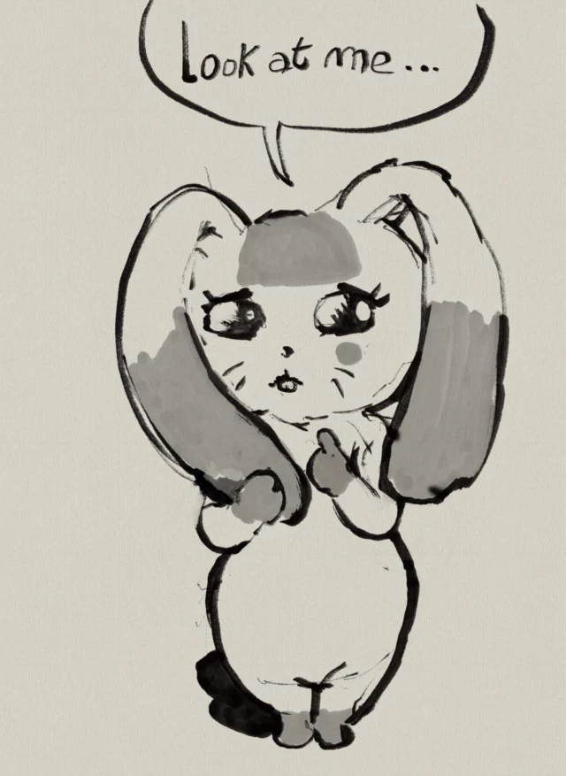 Ink and wash sketch of a long-eared rabbit character with a speech bubble saying "Look at me..."