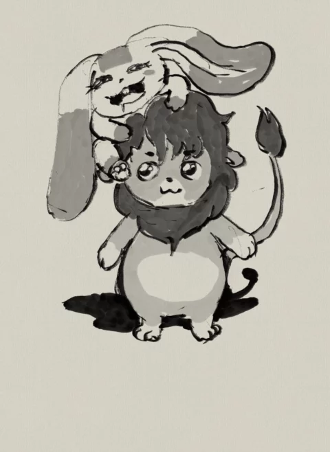 Ink and wash sketch of a small standing lion character with a long-eared rabbit character resting on its head