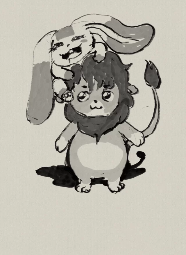 Ink and wash sketch of a small standing lion character with a long-eared rabbit character resting on its head