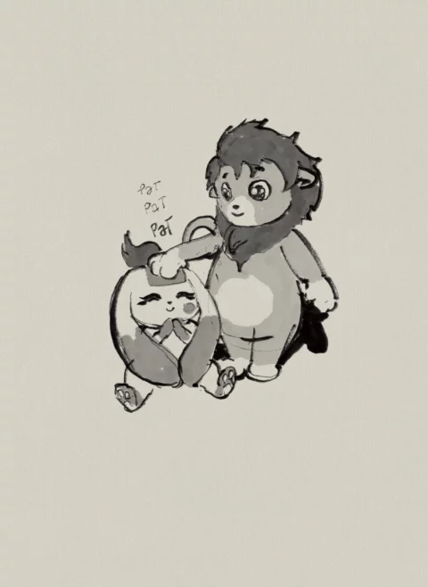 Ink and wash sketch of a small lion character patting the head of a smiling long-eared rabbit character, with the lettering "pat pat pat"