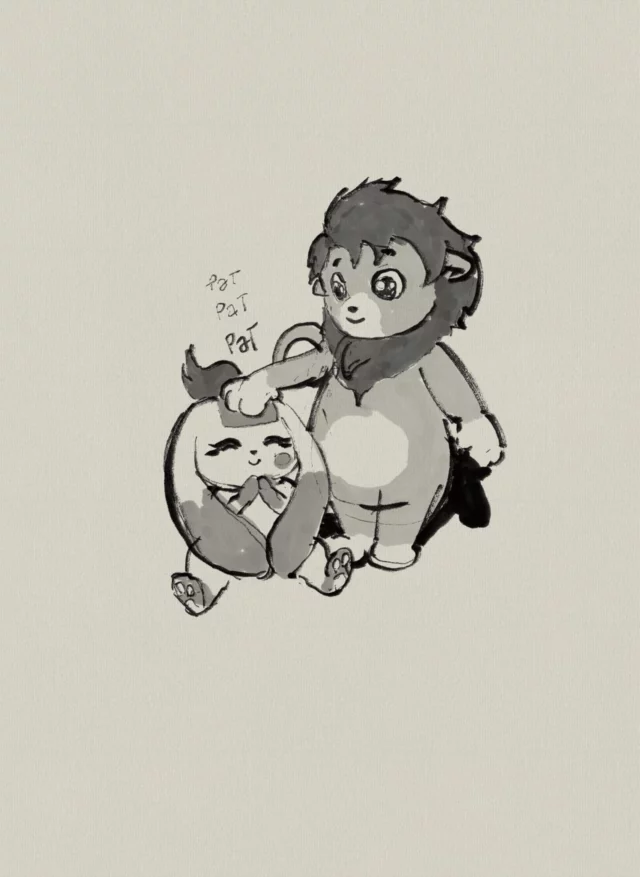 Ink and wash sketch of a small lion character patting the head of a smiling long-eared rabbit character, with the lettering "pat pat pat"