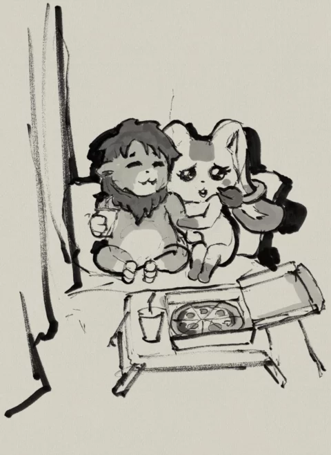 Ink and wash sketch of a lion character and a long-eared rabbit character sitting together on a sofa with a pizza box and drinks on a low table