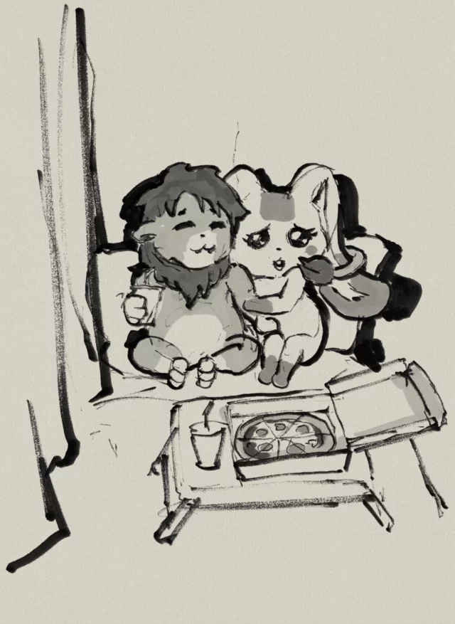 Ink and wash sketch of a lion character and a long-eared rabbit character sitting together on a sofa with a pizza box and drinks on a low table